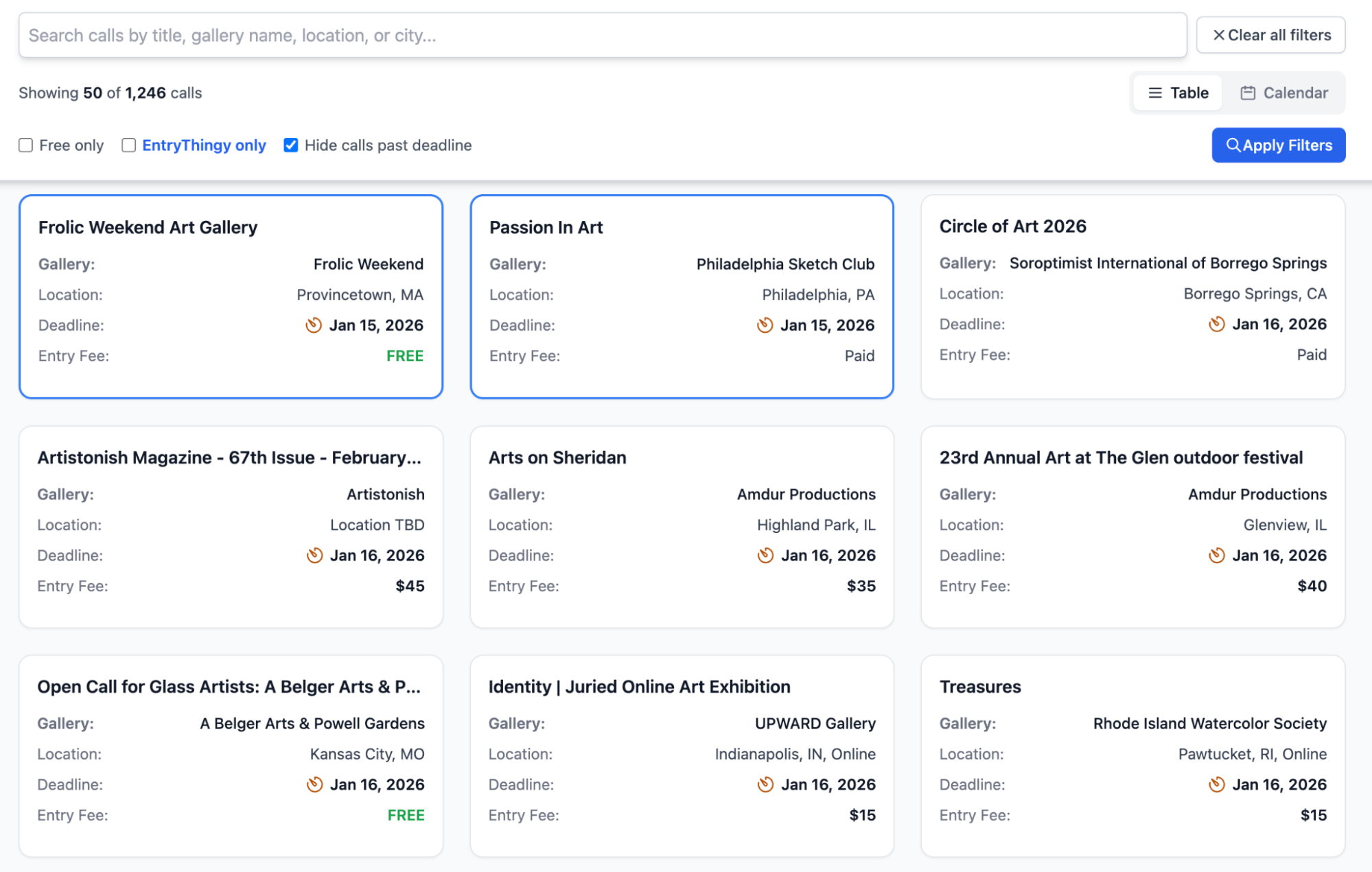 Art call listing example on EntryThingy