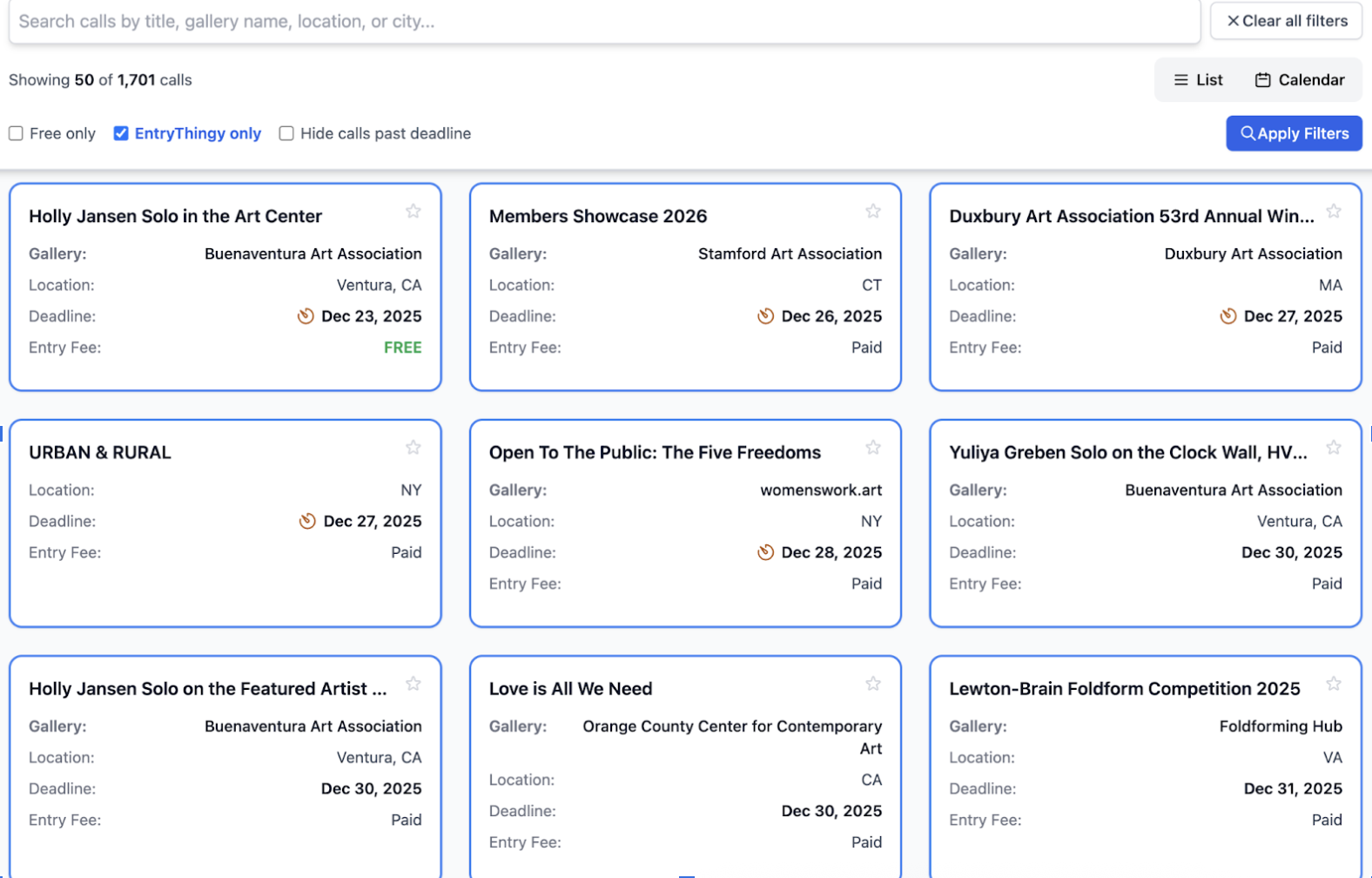 EntryThingy artist call list interface