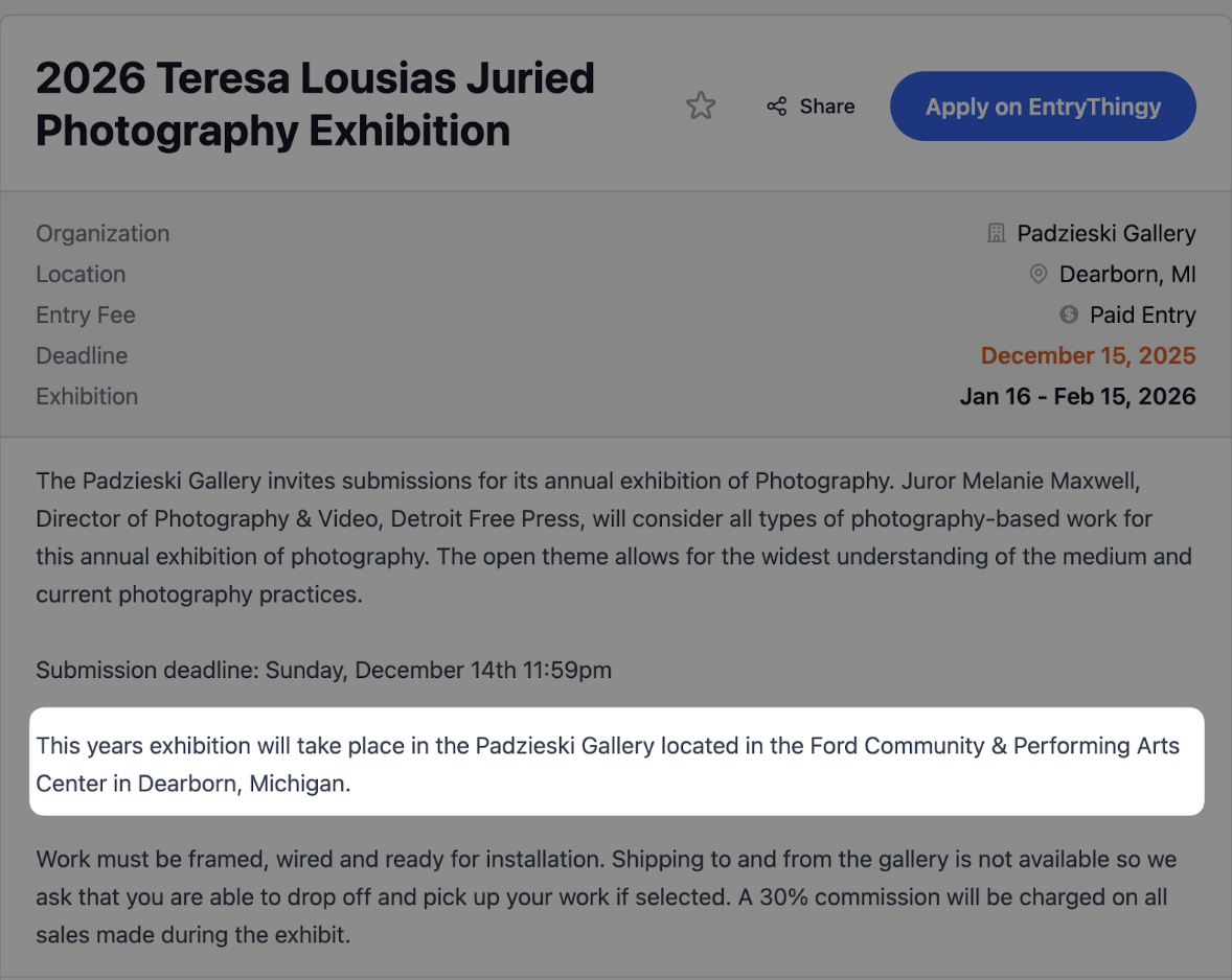 Exhibition venue details showing Padzieski Gallery location